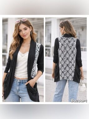 WET SEAL Vintage Open-Front Cardigan with Sheer White Floral Lace Back Sz S Y2K